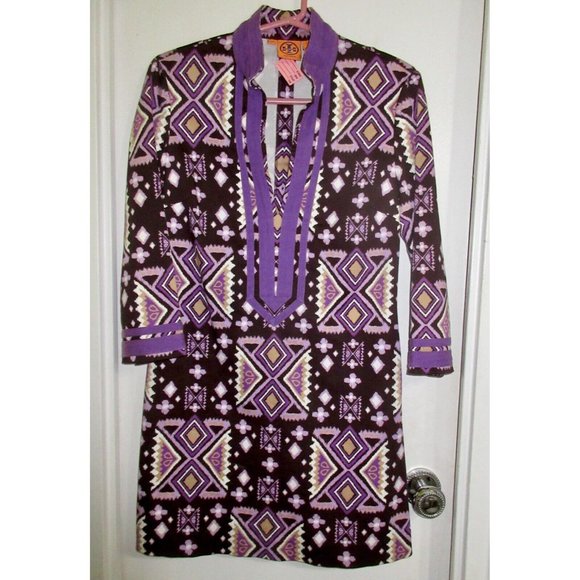TORY BURCH 4 Stretch Cotton Caftan Dress Ikat Boho Purple Tribal Print Superb! - Picture 7 of 11